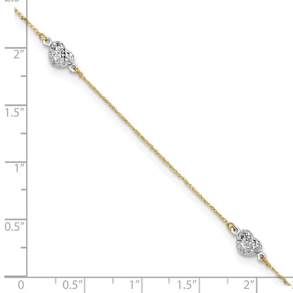 14K Two-Tone Puff Heart 9in Plus 1in Ext Anklet