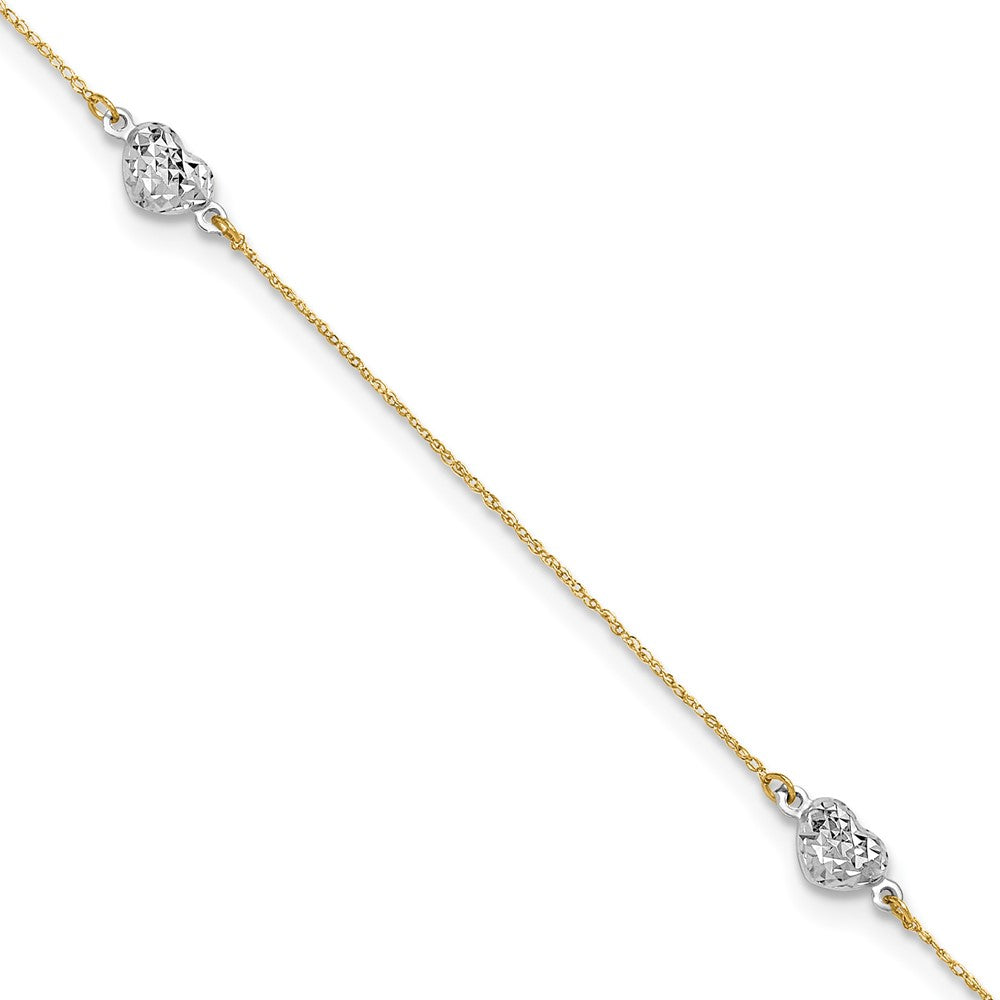 14K Two-Tone Puff Heart 9in Plus 1in Ext Anklet