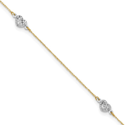 14K Two-Tone Puff Heart 9in Plus 1in Ext Anklet