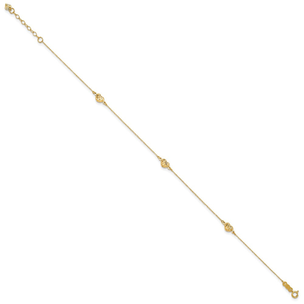 14K Yellow Gold Puff Heart 9in Plus 1in Ext. Anklet