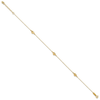 14K Yellow Gold Puff Heart 9in Plus 1in Ext. Anklet