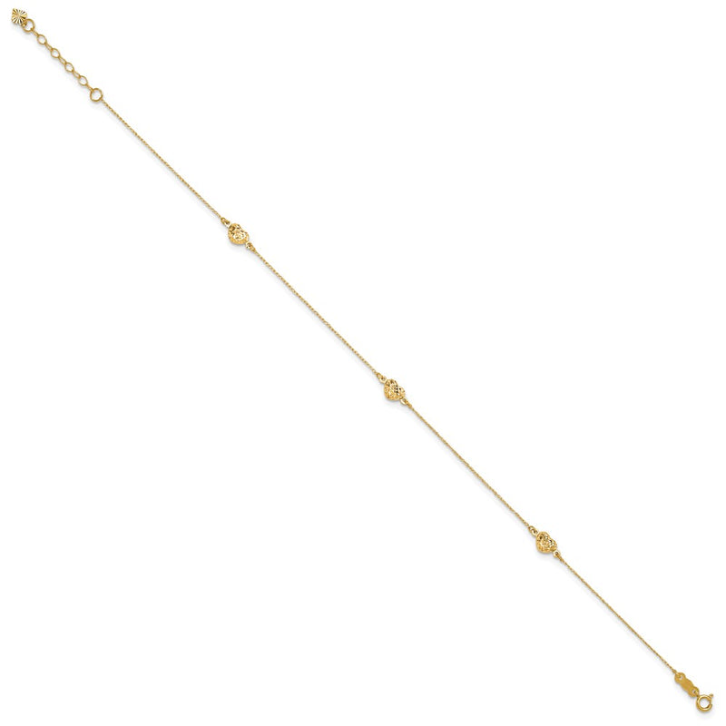 14K Yellow Gold Puff Heart 9in Plus 1in Ext. Anklet
