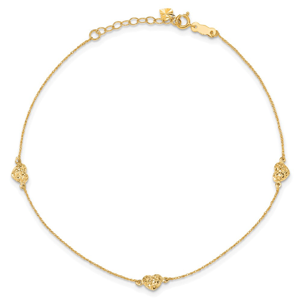 14K Yellow Gold Puff Heart 9in Plus 1in Ext. Anklet