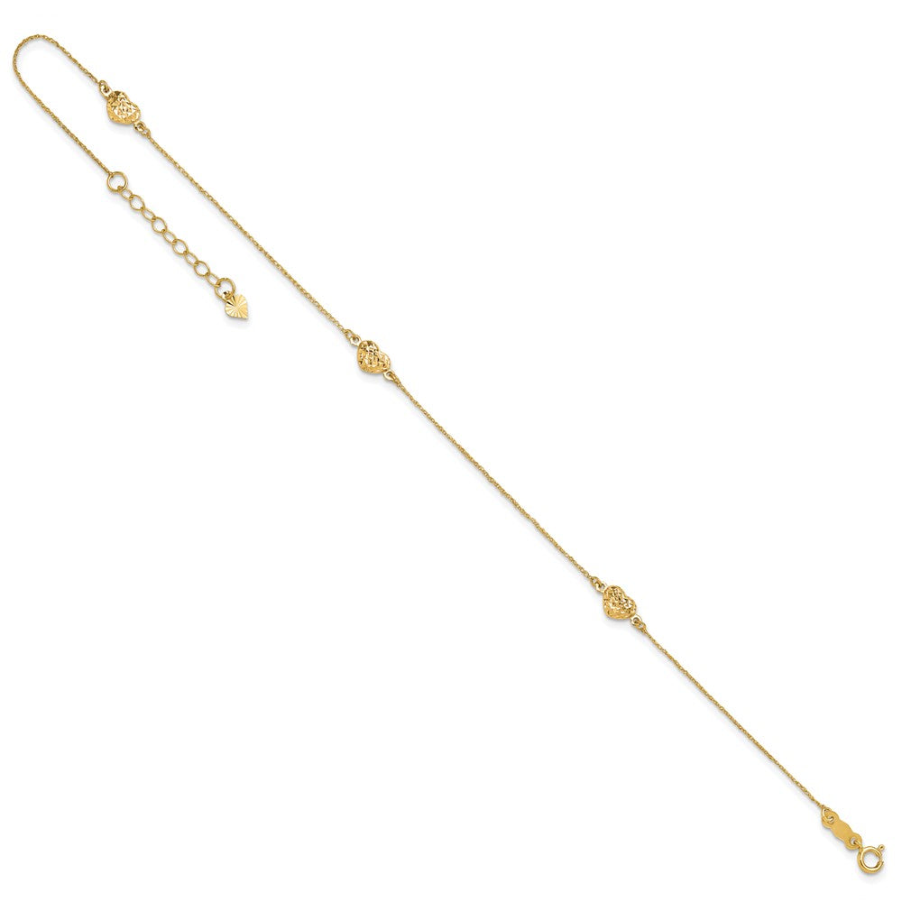 14K Yellow Gold Puff Heart 9in Plus 1in Ext. Anklet