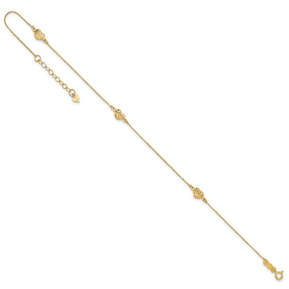 14K Yellow Gold Puff Heart 9in Plus 1in Ext. Anklet