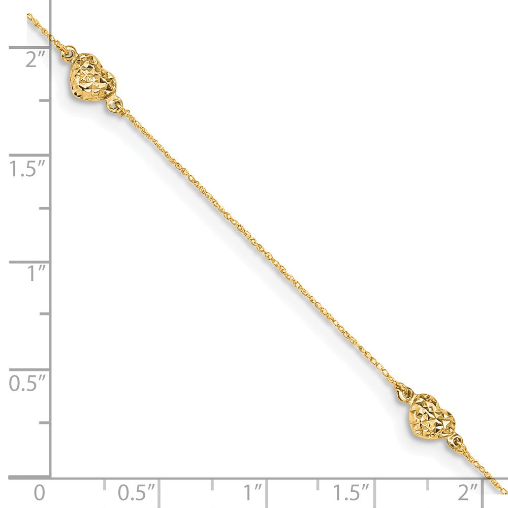 14K Yellow Gold Puff Heart 9in Plus 1in Ext. Anklet