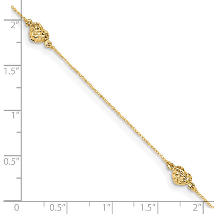 14K Yellow Gold Puff Heart 9in Plus 1in Ext. Anklet