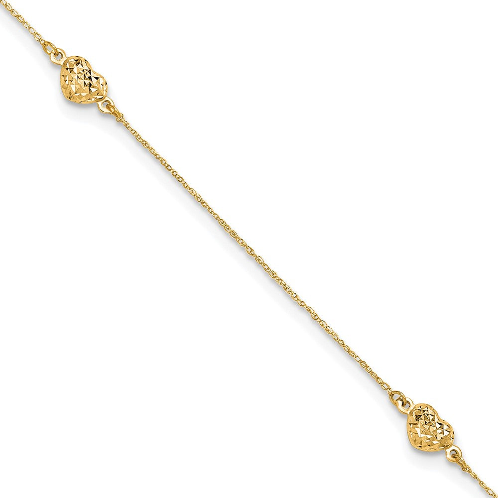 14K Yellow Gold Puff Heart 9in Plus 1in Ext. Anklet