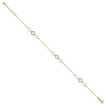 14K Tri-Color Circle and Oval 9in Plus 1in Ext. Anklet