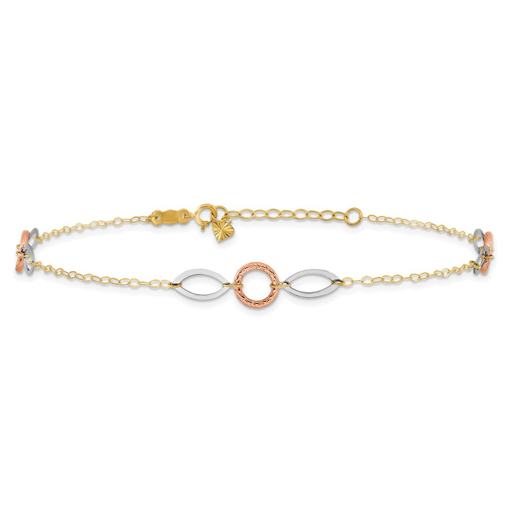 14K Tri-Color Circle and Oval 9in Plus 1in Ext. Anklet