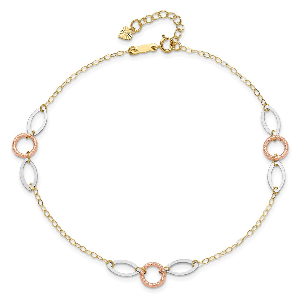 14K Tri-Color Circle and Oval 9in Plus 1in Ext. Anklet
