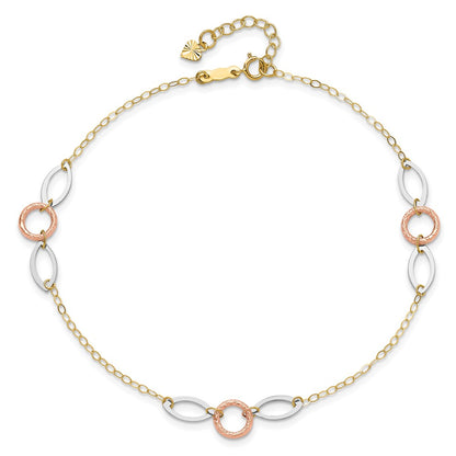 14K Tri-Color Circle and Oval 9in Plus 1in Ext. Anklet