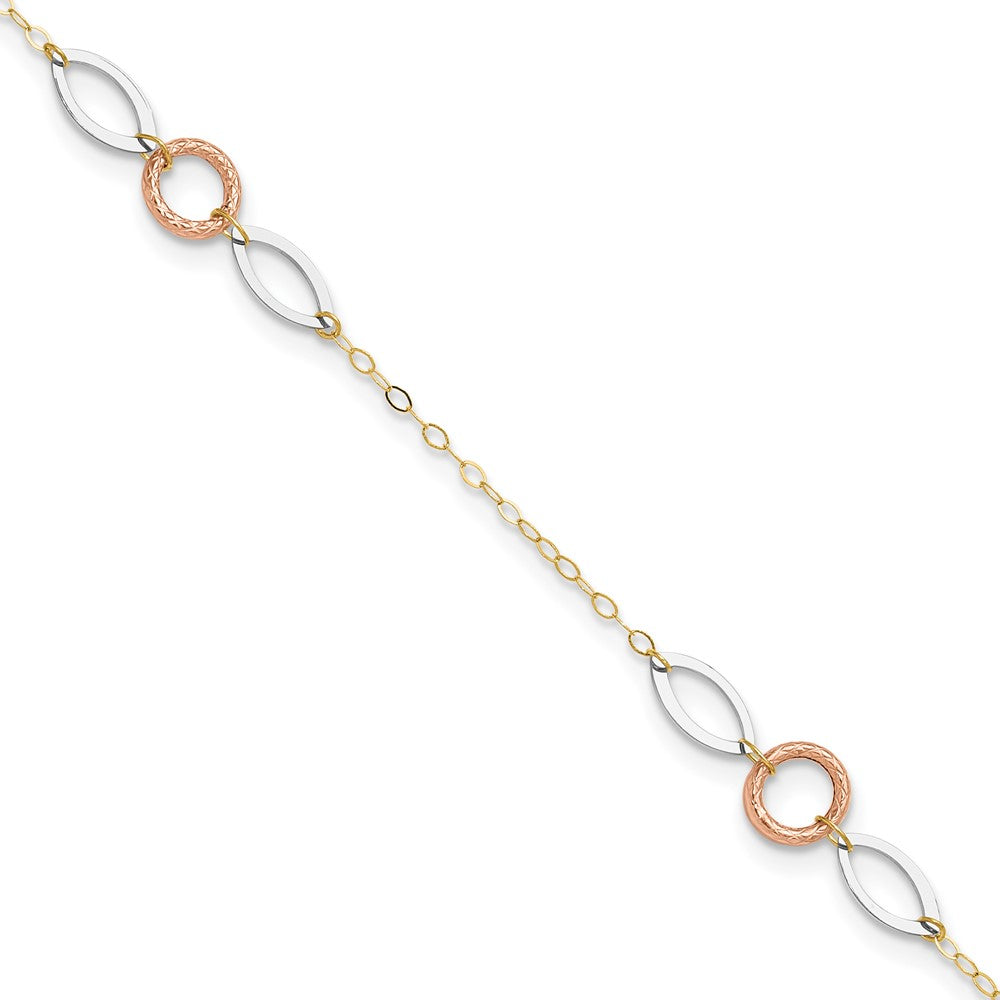 14K Tri-Color Circle and Oval 9in Plus 1in Ext. Anklet