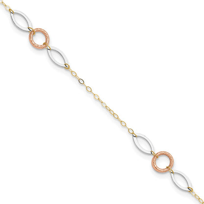 14K Tri-Color Circle and Oval 9in Plus 1in Ext. Anklet