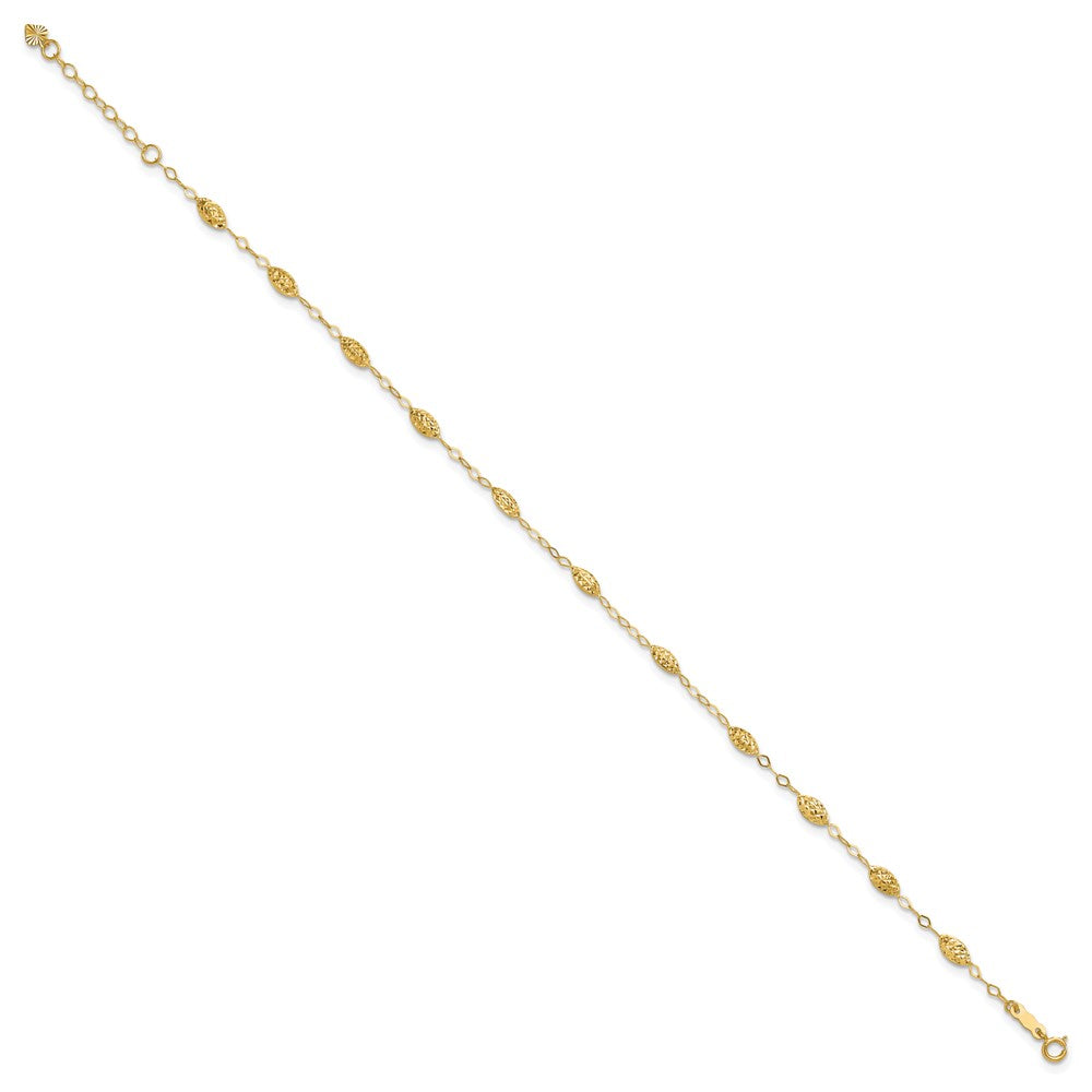 14K Yellow Gold Puff Rice Bead 9in Plus 1in Ext Anklet