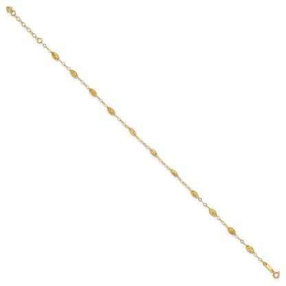 14K Yellow Gold Puff Rice Bead 9in Plus 1in Ext Anklet