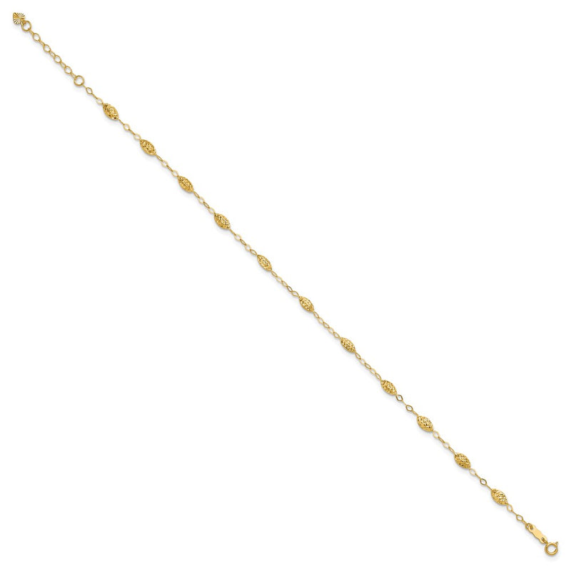 14K Yellow Gold Puff Rice Bead 9in Plus 1in Ext Anklet