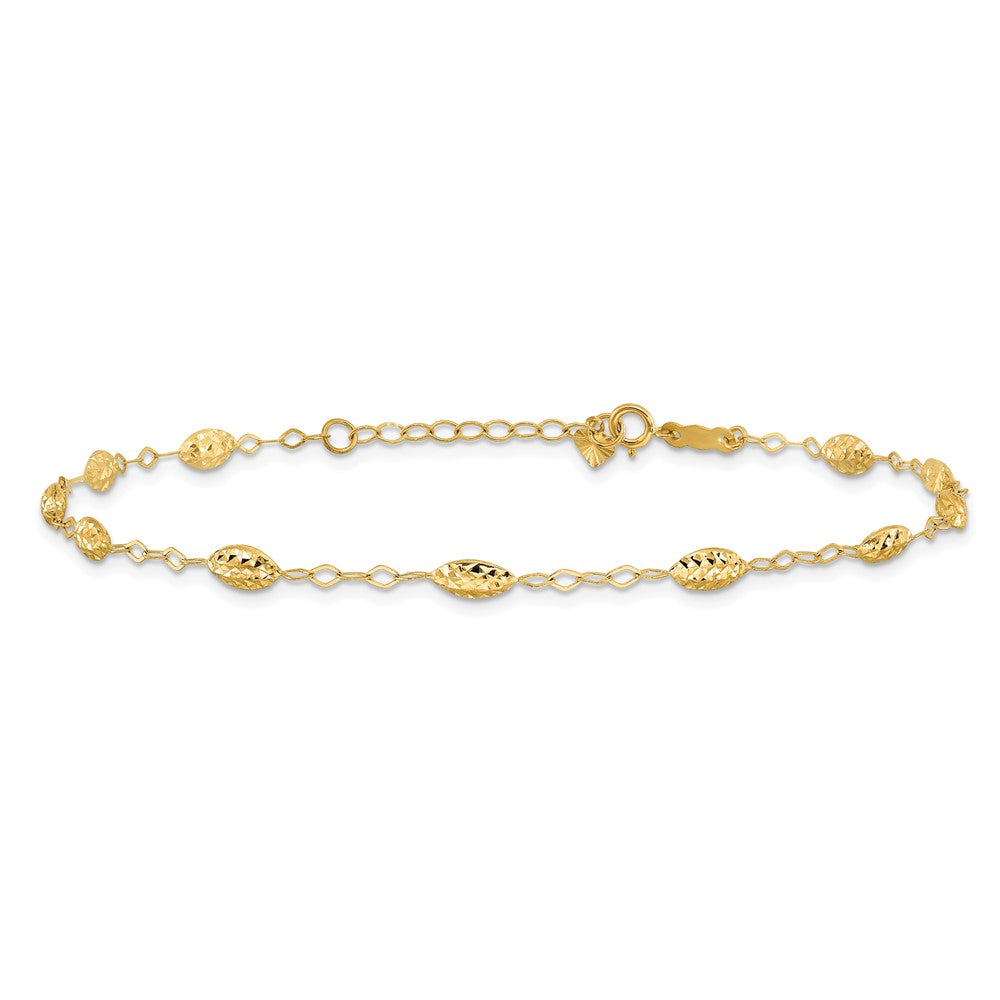 14K Yellow Gold Puff Rice Bead 9in Plus 1in Ext Anklet