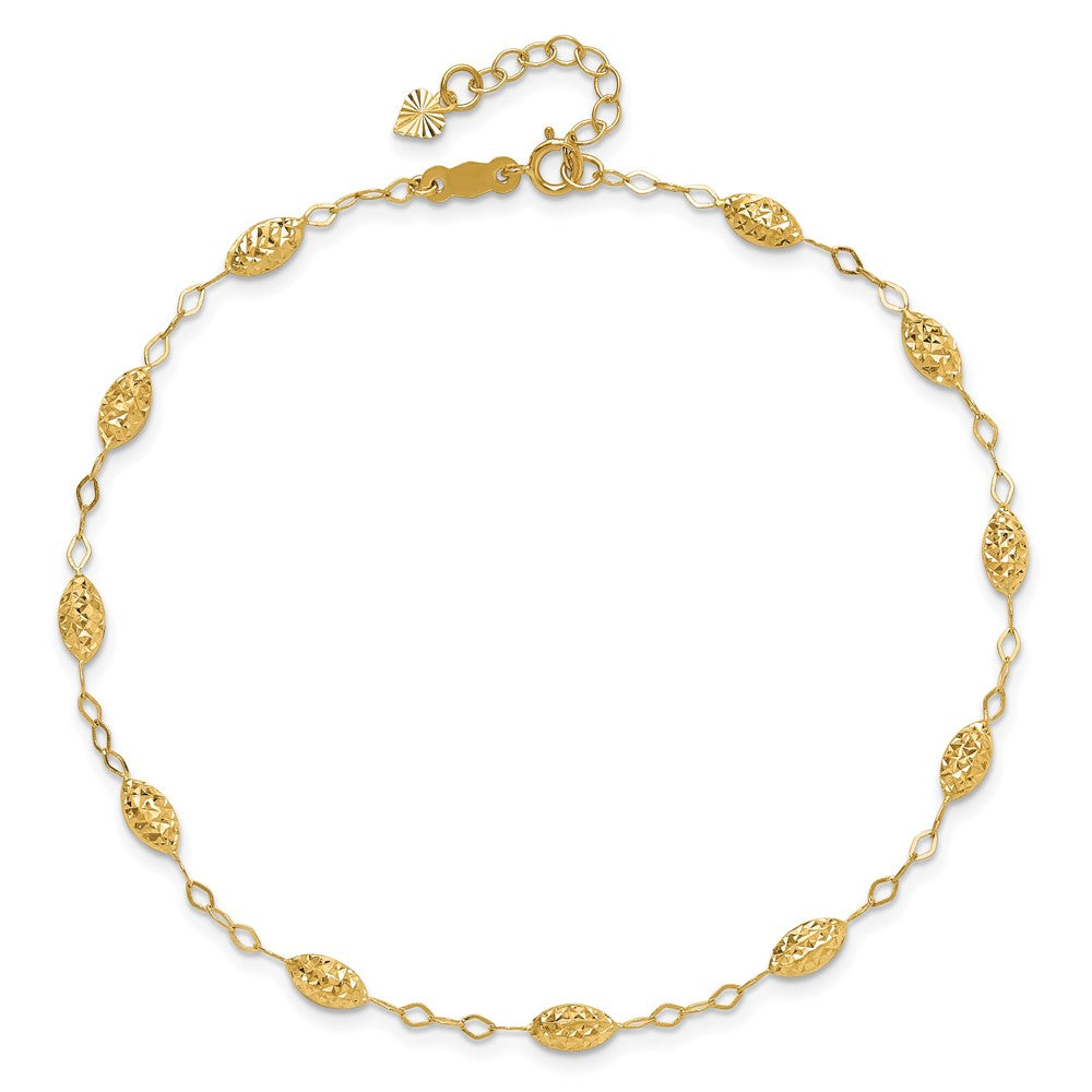 14K Yellow Gold Puff Rice Bead 9in Plus 1in Ext Anklet