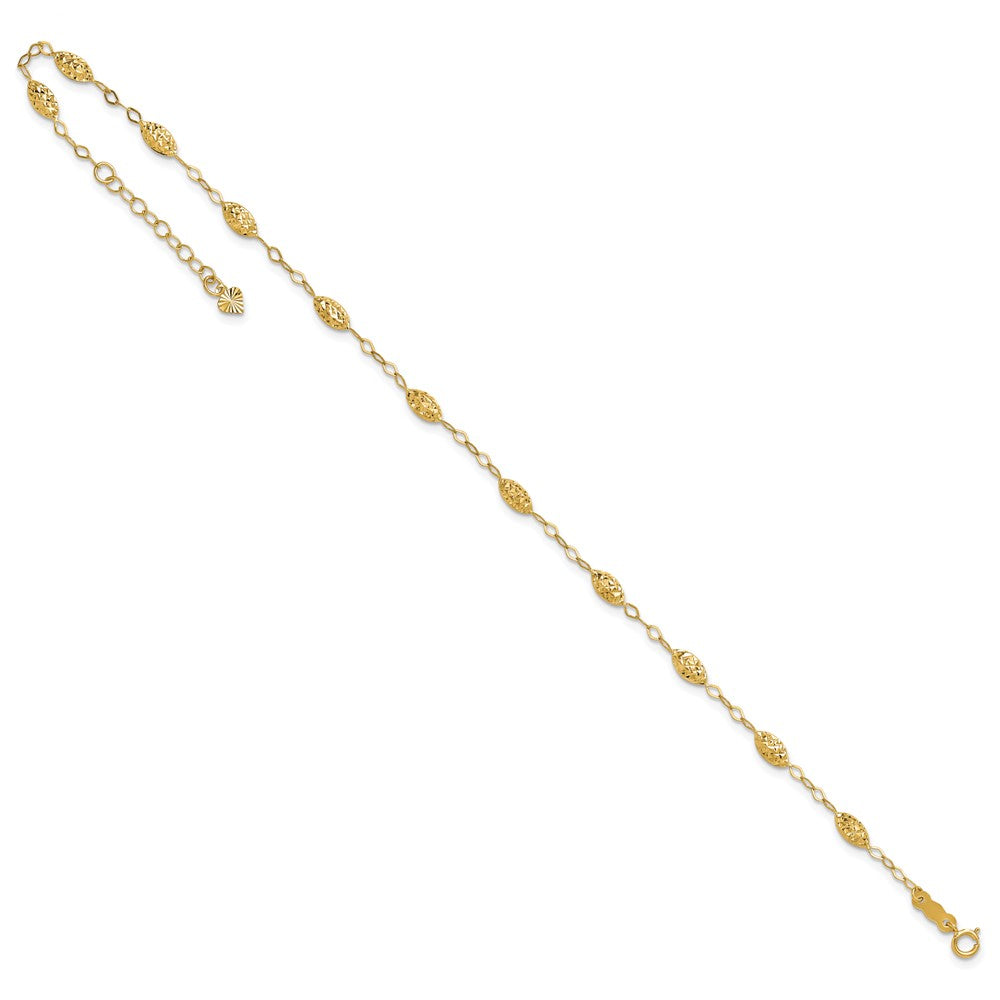 14K Yellow Gold Puff Rice Bead 9in Plus 1in Ext Anklet