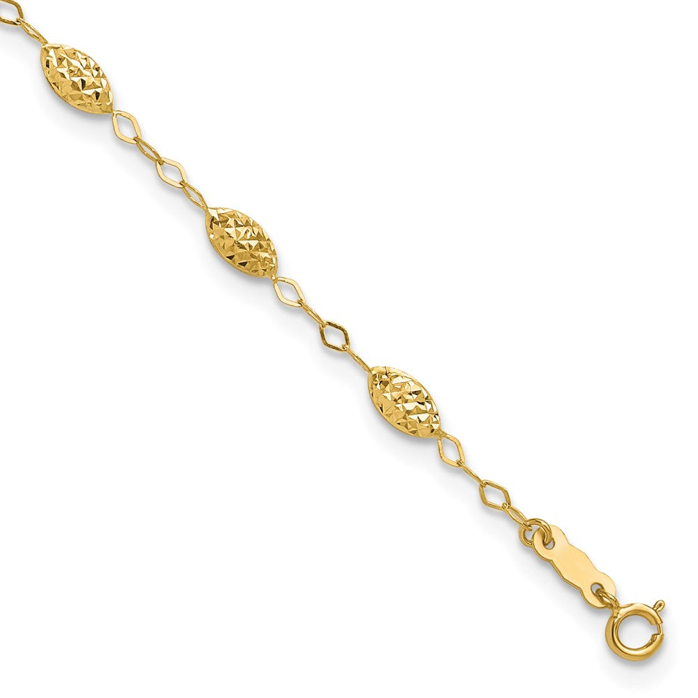 14K Yellow Gold Puff Rice Bead 9in Plus 1in Ext Anklet