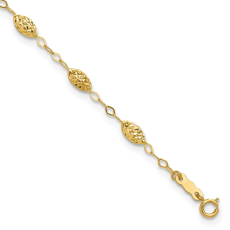 14K Yellow Gold Puff Rice Bead 9in Plus 1in Ext Anklet