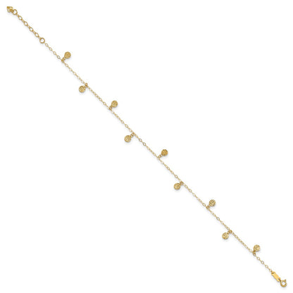 14K Yellow Gold Hollow Dangle Circle 9in Plus 1in Ext. Anklet