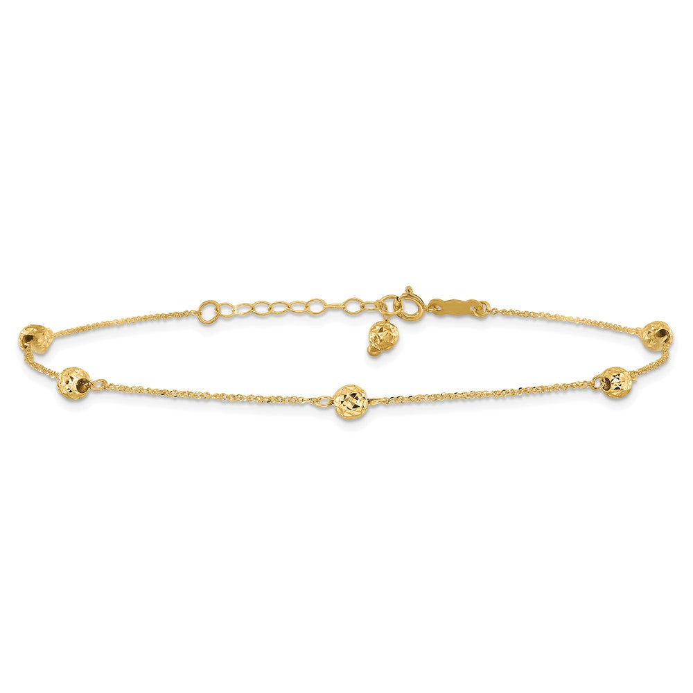 14K Yellow Gold Diamond-Cut Bead W/ 1in Ext. Anklet
