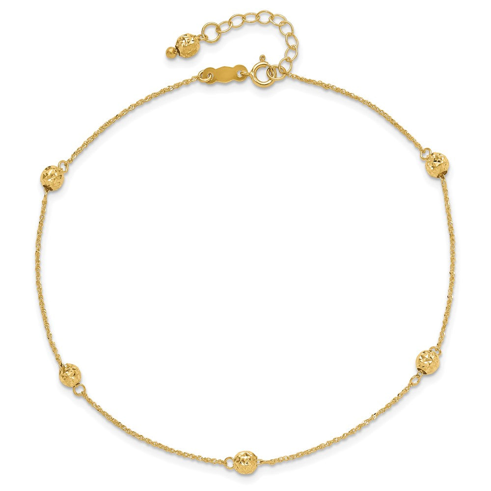 14K Yellow Gold Diamond-Cut Bead W/ 1in Ext. Anklet