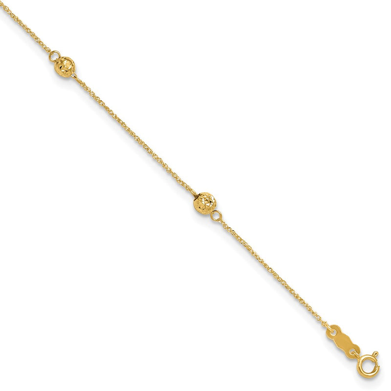 14K Yellow Gold Diamond-Cut Bead W/ 1in Ext. Anklet