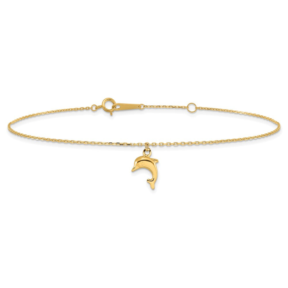 14K Yellow Gold Dolphin Charm 9in with 1in Extension Anklet