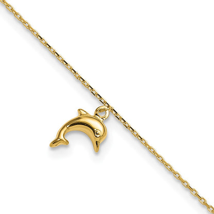 14K Yellow Gold Dolphin Charm 9in with 1in Extension Anklet