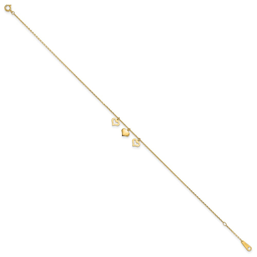 14K Yellow Gold 3 Hearts 9in Plus 1in Extension Anklet