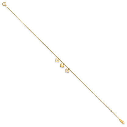 14K Yellow Gold 3 Hearts 9in Plus 1in Extension Anklet