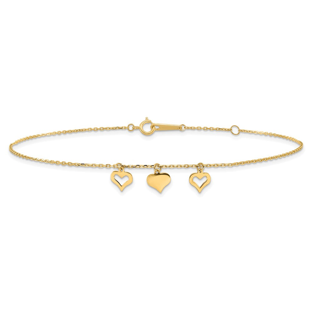 14K Yellow Gold 3 Hearts 9in Plus 1in Extension Anklet