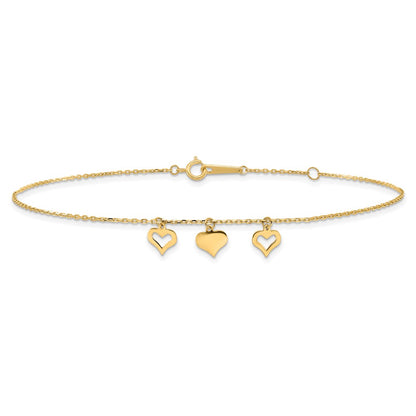 14K Yellow Gold 3 Hearts 9in Plus 1in Extension Anklet
