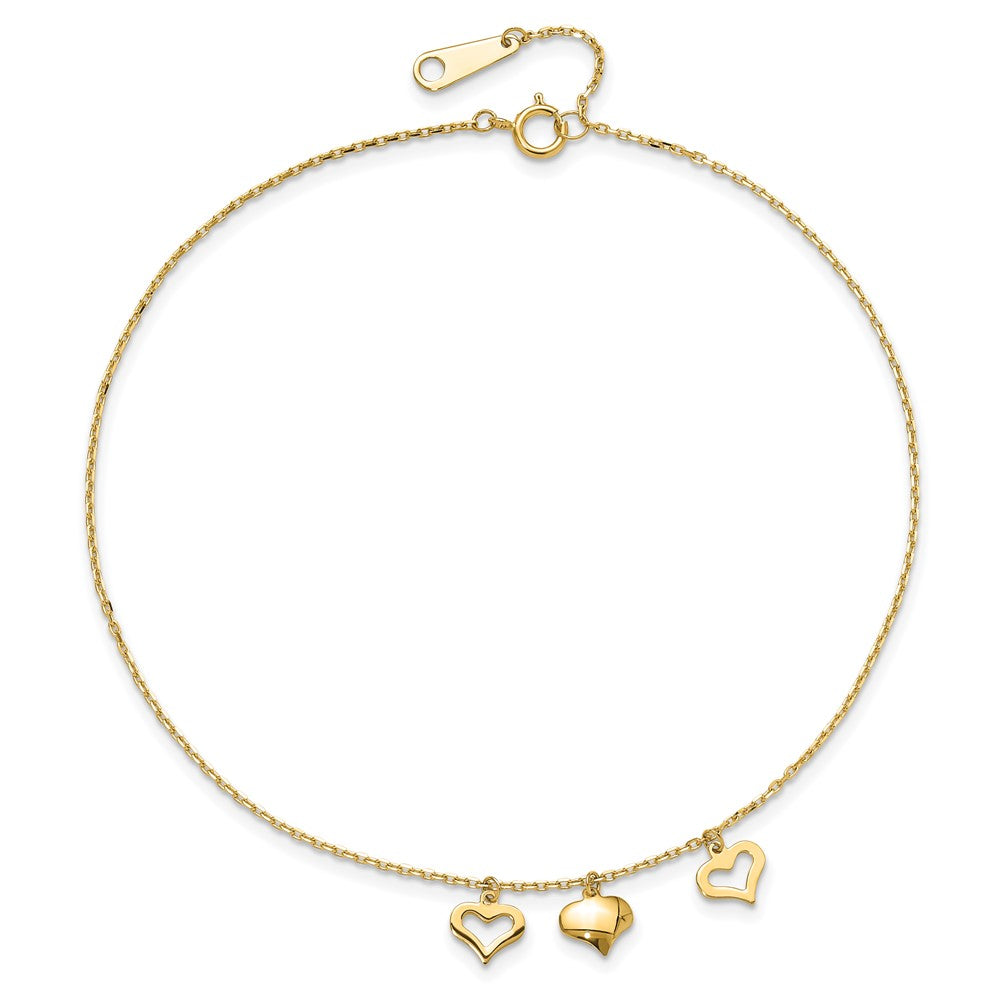 14K Yellow Gold 3 Hearts 9in Plus 1in Extension Anklet