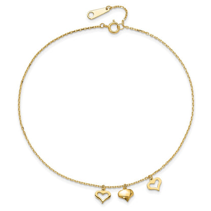 14K Yellow Gold 3 Hearts 9in Plus 1in Extension Anklet