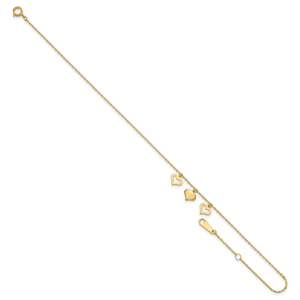 14K Yellow Gold 3 Hearts 9in Plus 1in Extension Anklet