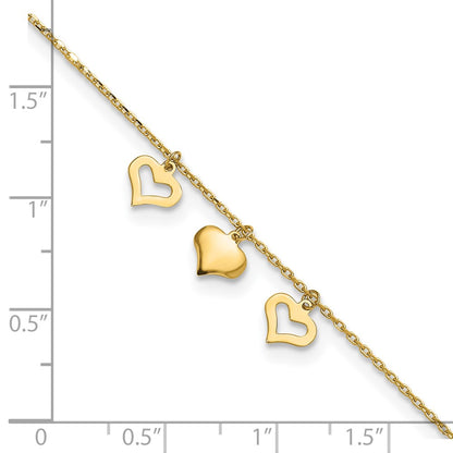14K Yellow Gold 3 Hearts 9in Plus 1in Extension Anklet
