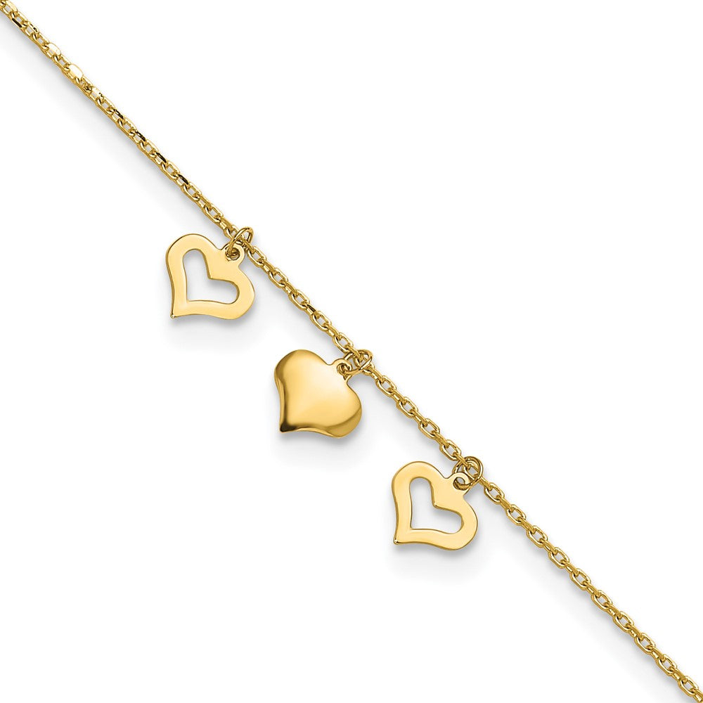14K Yellow Gold 3 Hearts 9in Plus 1in Extension Anklet