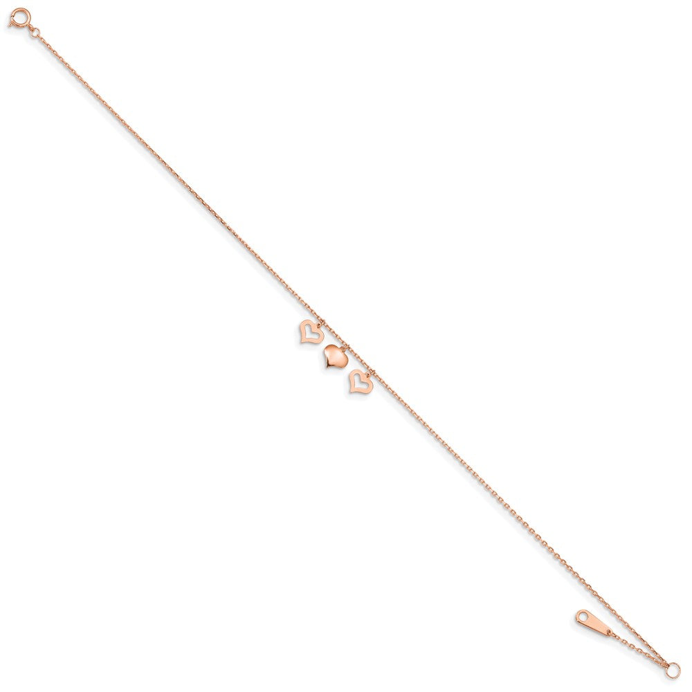 14K Rose Gold 3 Hearts 9in Plus 1in Extension Anklet