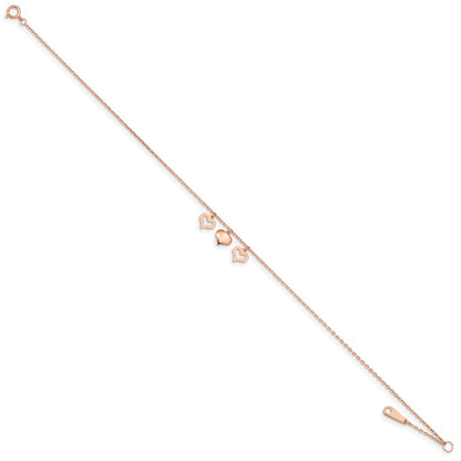 14K Rose Gold 3 Hearts 9in Plus 1in Extension Anklet