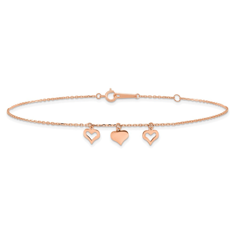 14K Rose Gold 3 Hearts 9in Plus 1in Extension Anklet
