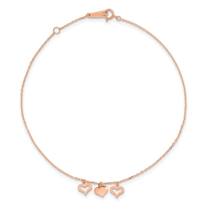 14K Rose Gold 3 Hearts 9in Plus 1in Extension Anklet