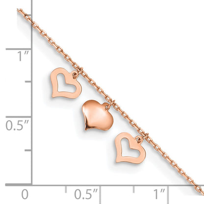 14K Rose Gold 3 Hearts 9in Plus 1in Extension Anklet