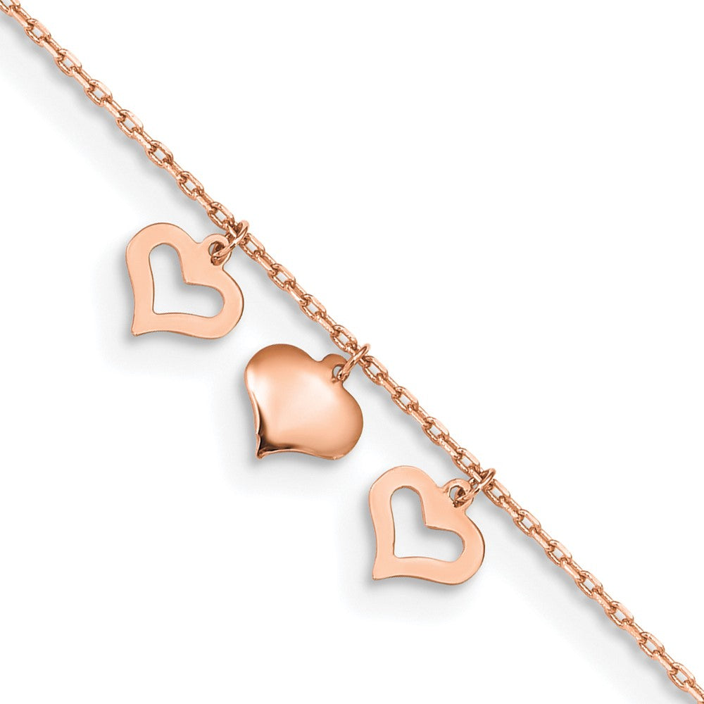 14K Rose Gold 3 Hearts 9in Plus 1in Extension Anklet