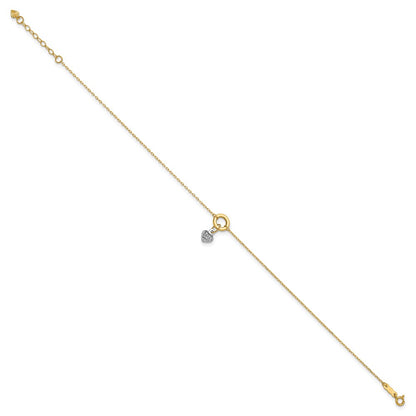 14K Two-Tone Circle with Diamond Cut Puff Heart 9in Plus 1in Ext Anklet