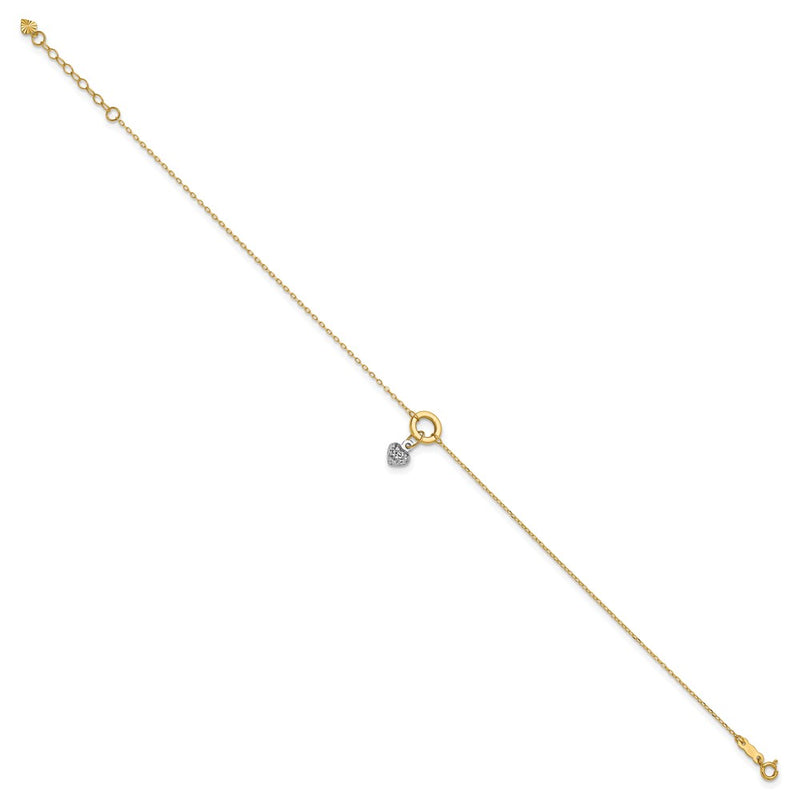 14K Two-Tone Circle with Diamond Cut Puff Heart 9in Plus 1in Ext Anklet