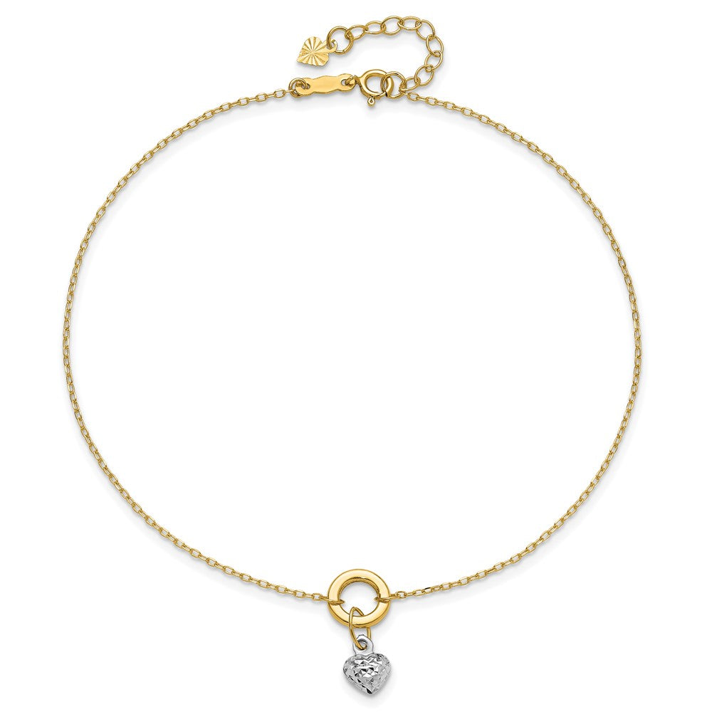 14K Two-Tone Circle with Diamond Cut Puff Heart 9in Plus 1in Ext Anklet